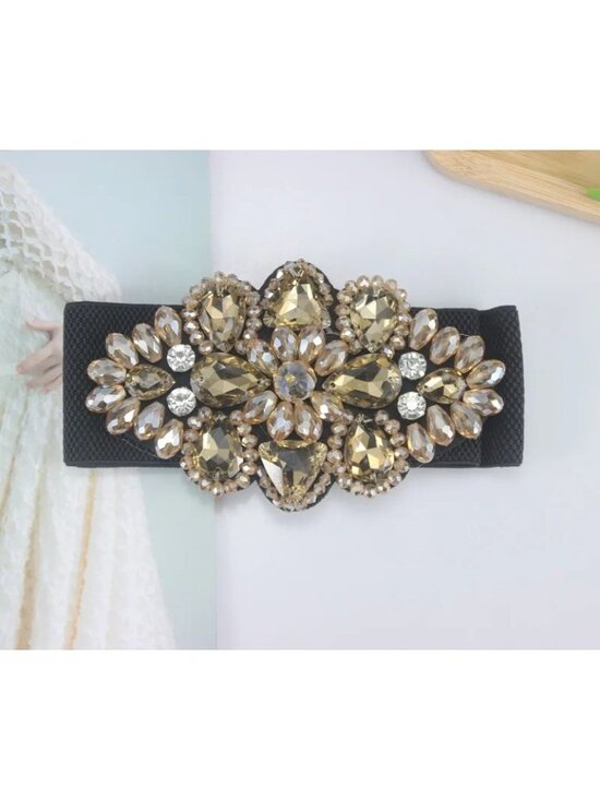 Queen's Attic LTD Accessories - NEW 2/$30 Vintage Style Champagne Beige Rhinestone Floral Stretch Belt
